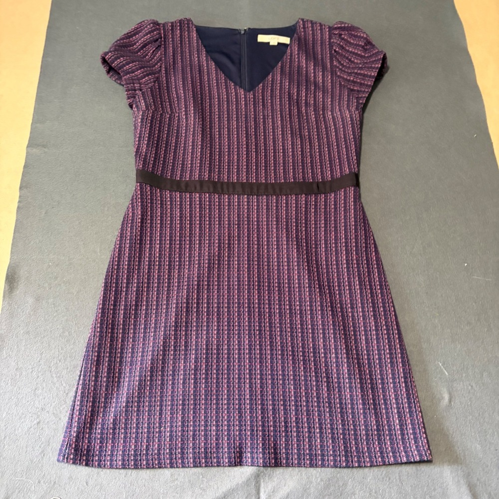 LOFT Sheath Dress Womens 8 Purple Black Girly Cottage Core Goth Fitted Tweed